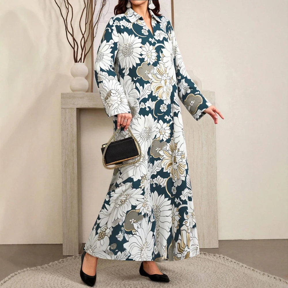 Rafiah Women's Dresses Summer Elegant 2025 Floral Glamorous Long Sleeve Shirt Collar A-Line Midi Vacation Long Dresses