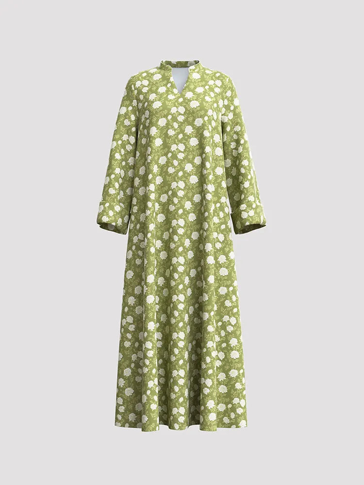 Rafiah Women's Even Dress Arabian 2025 Summer Chic Full Print Long Sleeve Half Open Collar Midi Draped Long Dress