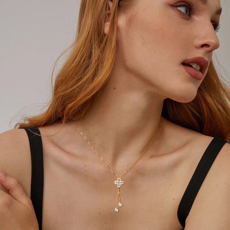 Lnngy Niche Light Tassel Pendant Moissanite Necklace 925 Sterling Silver Four-leaf Flower Necklaces for Women 2024 Trend Jewelry