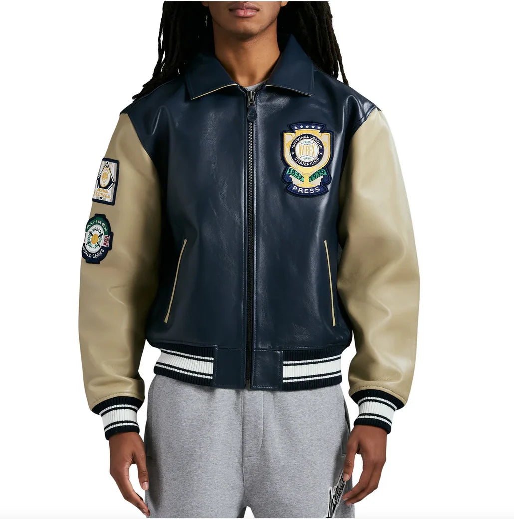 Avirex Spring 2025 new World Series jacket European antique sheepskin  leather jacket men's jacket embroidered casual coat tops