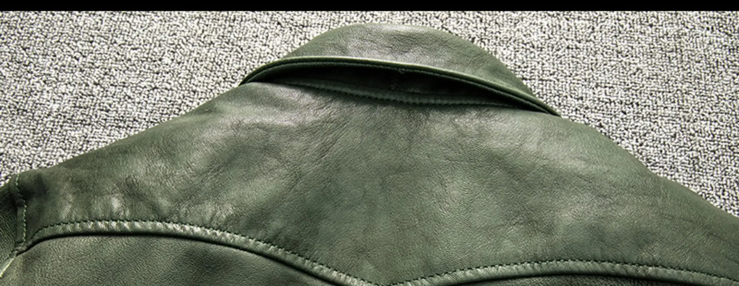 Cossack Green Fruit Leading Layer Mixed Sheepskin Leather Jacket Men's Slim Fit Leather Jacket Autumn and Winter Coat