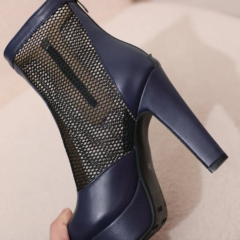 Women’s Summer Ankle Boots – Handmade Mesh + PU Leather – Closed Toe – Platform High Heel – Zip Up – Sizes 4.5–18