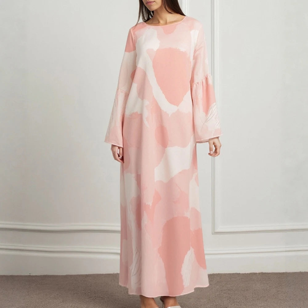 Rafiah Women's Dresses Summer Comfortable Elegant 2025 Patchwork Loose Long Sleeve Round Neck A-Line Midi VacationLong Dress