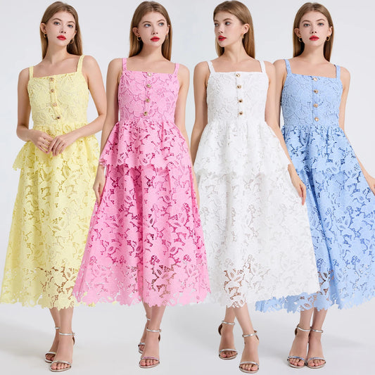 Women's Dress New Flower Embroidery Square Collar Long Dresses for Summer 2025 Backless Sleeveless Midi Dresses Party Dresses