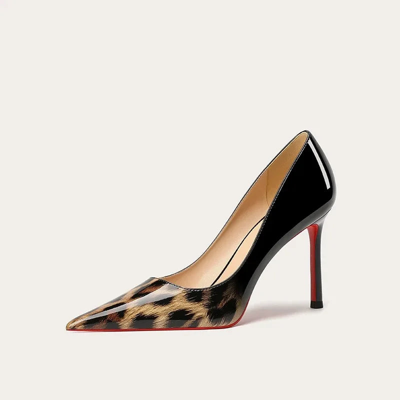 New Gradient Red Bottom Large Heels Sexy Leopard Pattern Pointed Professional Women's Shoes Black Graduation Single Shoes