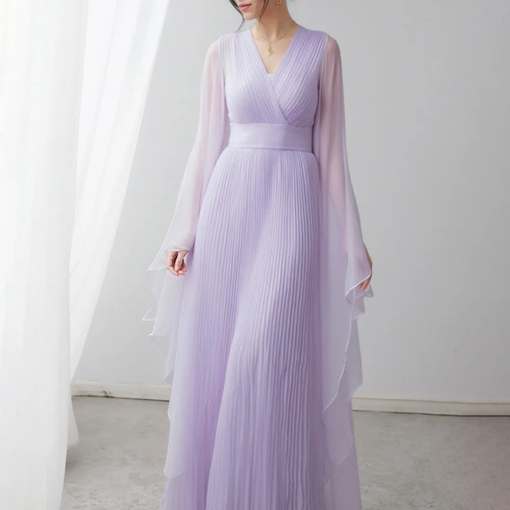 Rafiah Summer Women's Arabian Dresses 2025 Classic Elegant Solid Color Folds Gauze Long Sleeve V-Neck Evening Dresses