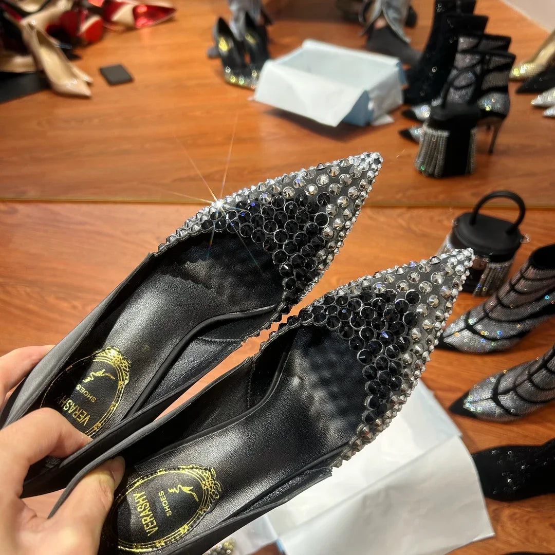 Black Rhinestone High Heels Women's New Summer Style  Socialite Small Stature Thin Heels  Pointed And Sexy Women's Shoes
