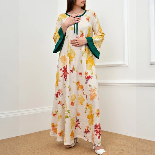 Rafiah Women's Arabian Dress Autumn Winter 2025 Fashion Floral Full Print Long Sleeve Crew Neck Lace-Up Arabian Dress For Women