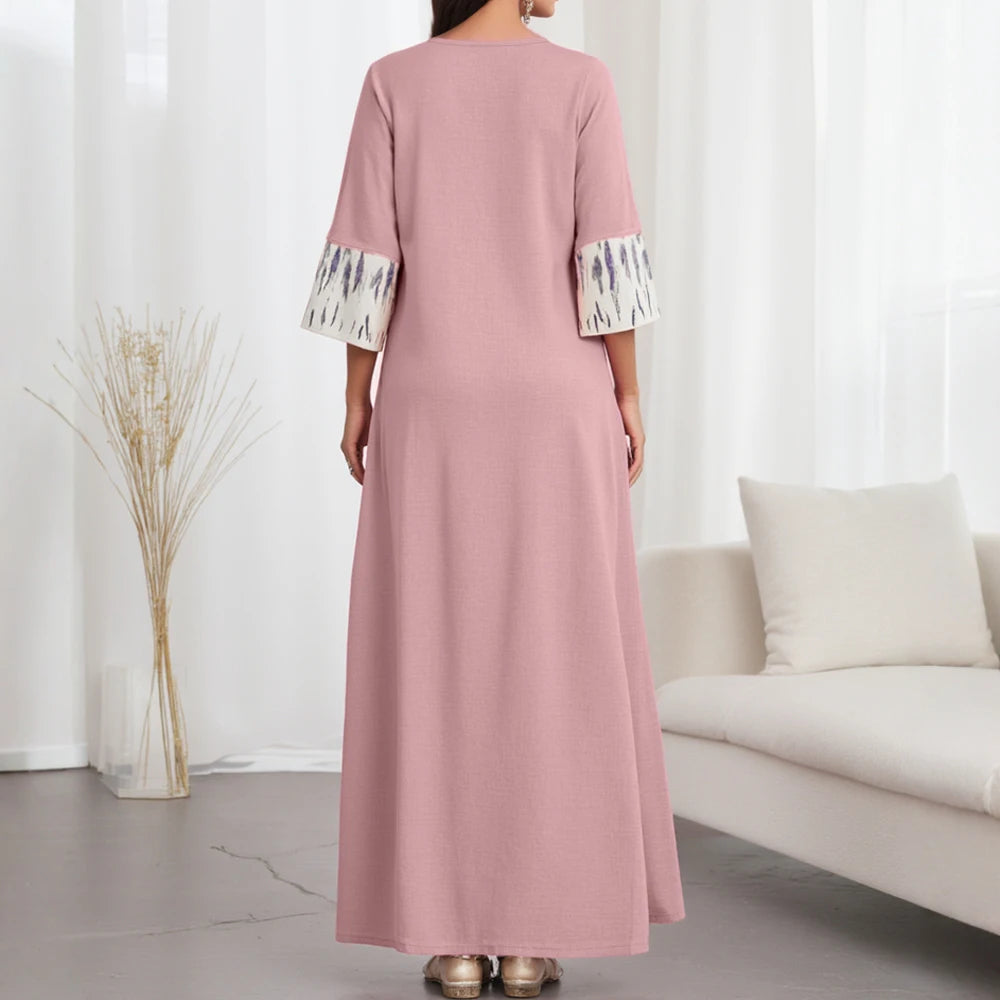 Rafiah Summer Arabian Dress 2025 Women's Decent Print Binding Short Sleeve V-Neck A-Line Daily Basic Midi Dress