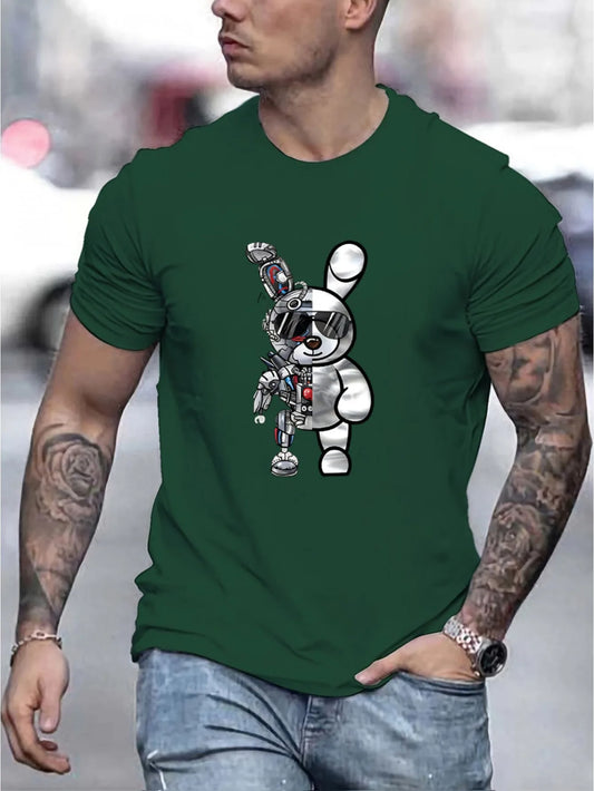 Men's summer 100 cotton fashionable casual loose cartoon mechanical Robot 🤖 Rabbit pattern printed round neck short sleeved T-shirt top
