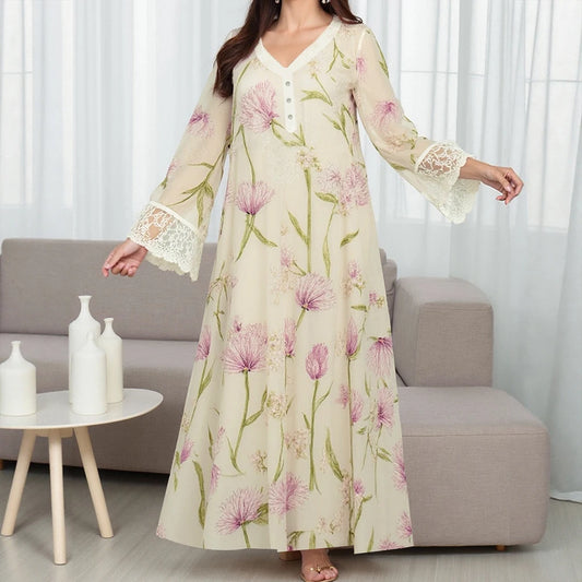 Rafiah Women's Dresses Summer Elegant Fashion 2025 Floral Business Short Sleeve V-Neck A Line Midi VacationLong Dress