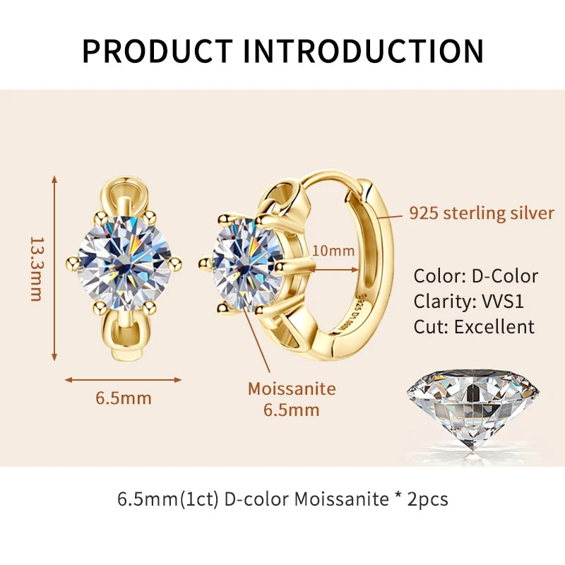 Lnngy Shining1CT Round Moissanite Hoop Earrings With Certificate 925 Sterling Silver Six Claw Earring 2025 Jewelry New Arrivals