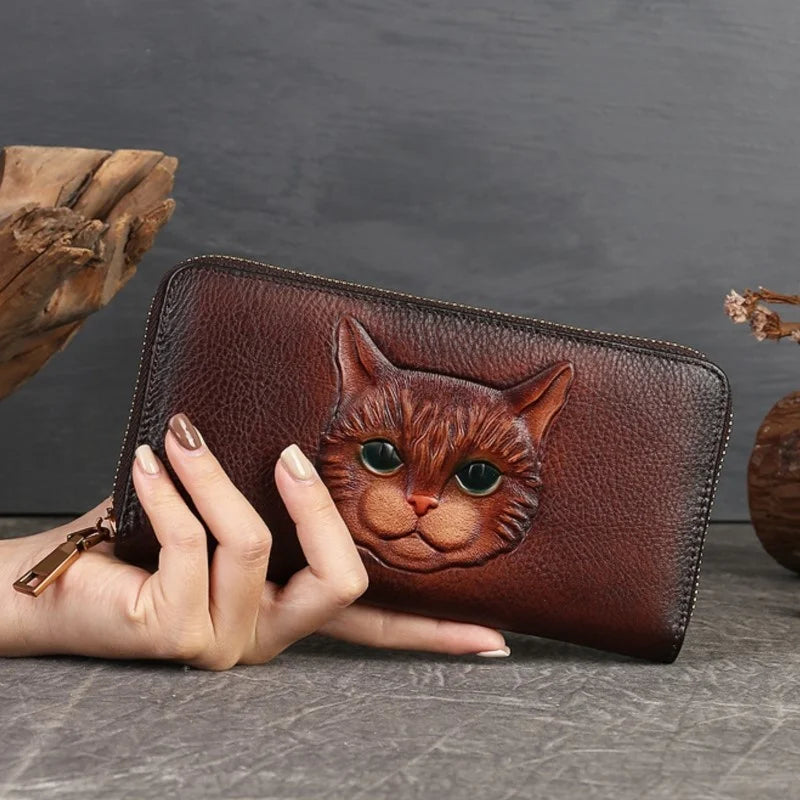 MOTAORA 2025 New Vintage Women's Wallet Long Genuine Leather Wallets Women Purses For Ladies Handmade Embossed Woman Card Holder