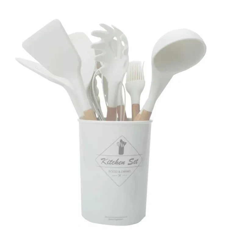 12Pcs Silicone Kitchen Utensils Cooking Wooden Handle Non Stick Pot Kitchenware Set Storage Bucket Silicone Kitchen Utensils