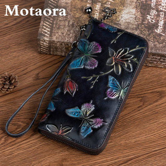 MOTAORA 2025 New Genuine Leather Women Wallet Vintage Embossed Long Purse For Women Hand Painted Butterfly Wallet ID Card Holder