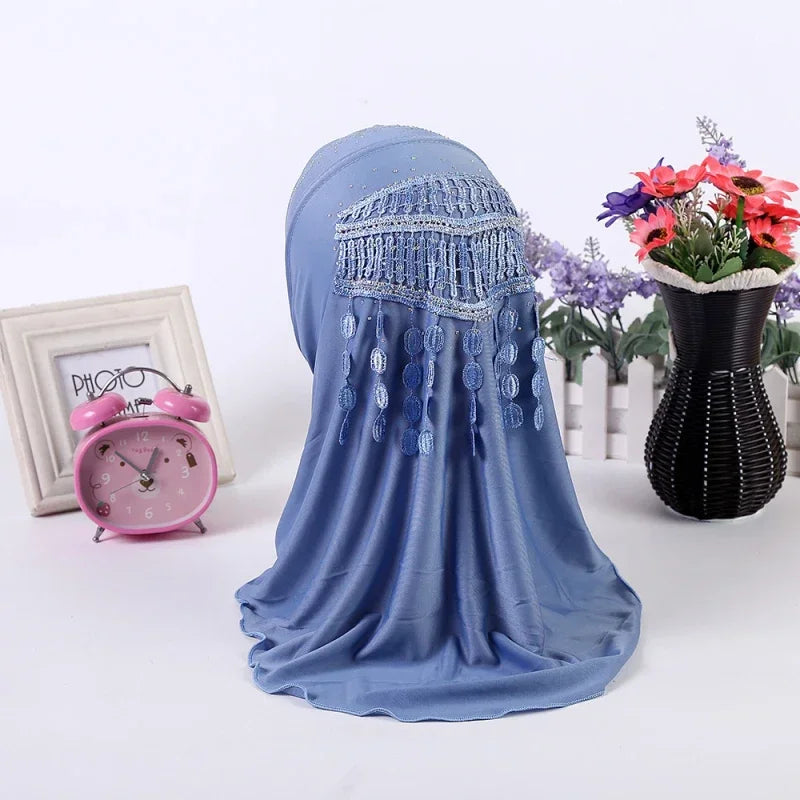 Amira-Muslim Girls Headwear with Diamond Tassel Islamic Prayer Headscarf Arab Soft Wrapped Scarf Plain Shawls Middle East