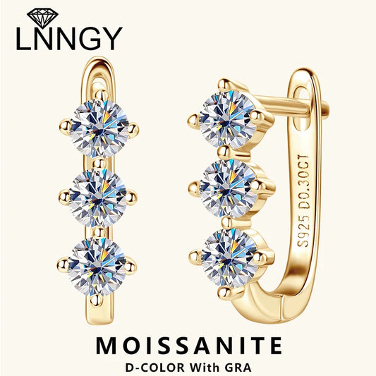 Lnngy Korean INS 3mm Three Stone Moissanite Earrings For Women 925 Sterling Silver U-Shaped Earrings Hoop Pendientes Jewelry