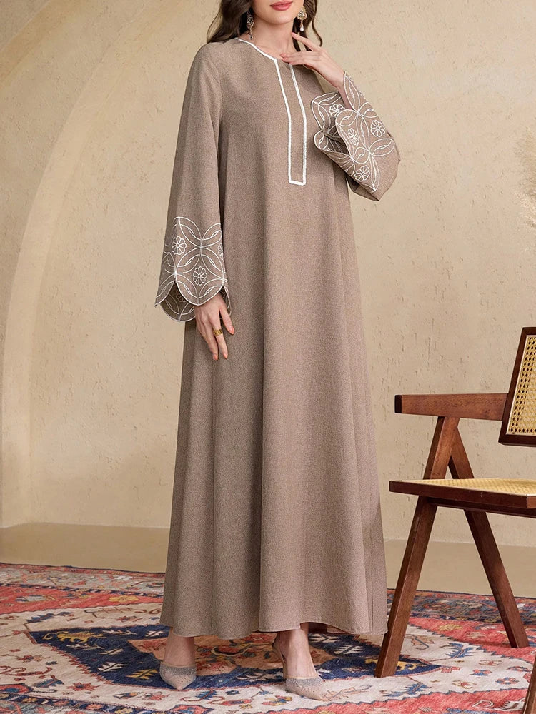 Rafiah Elegant Dress with Expanded Sleeves Featuring Neckline Embroidery Suitable for Spring Summer Arabic Dresses 2025