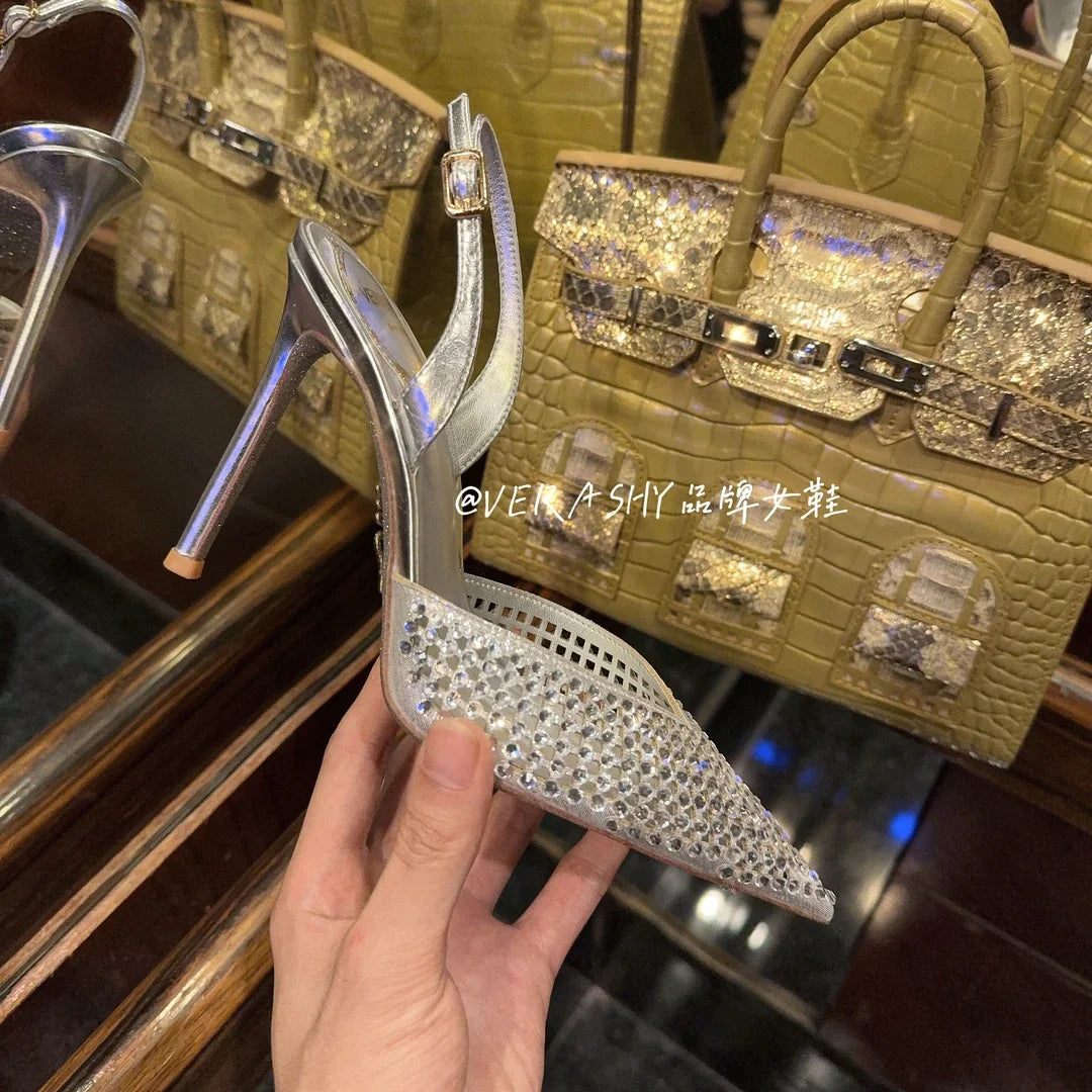 Luxury Rhinestones Sequined Buckle Women Pumps Elegant Pointed toe Slingbacks Stiletto High heels Spring Summer Fashion Shoes