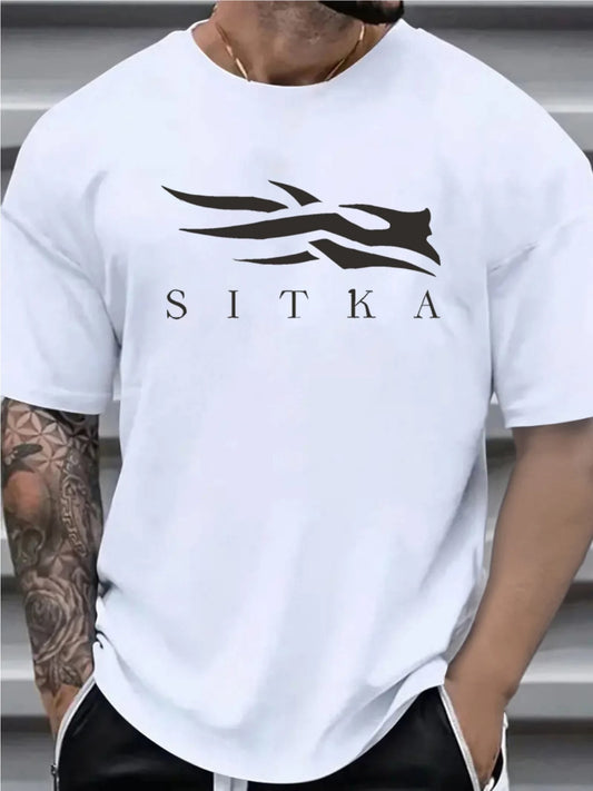 Men's summer 100 cotton fashionable casual sports loose SITKA letter pattern printed round neck short sleeved T-shirt top