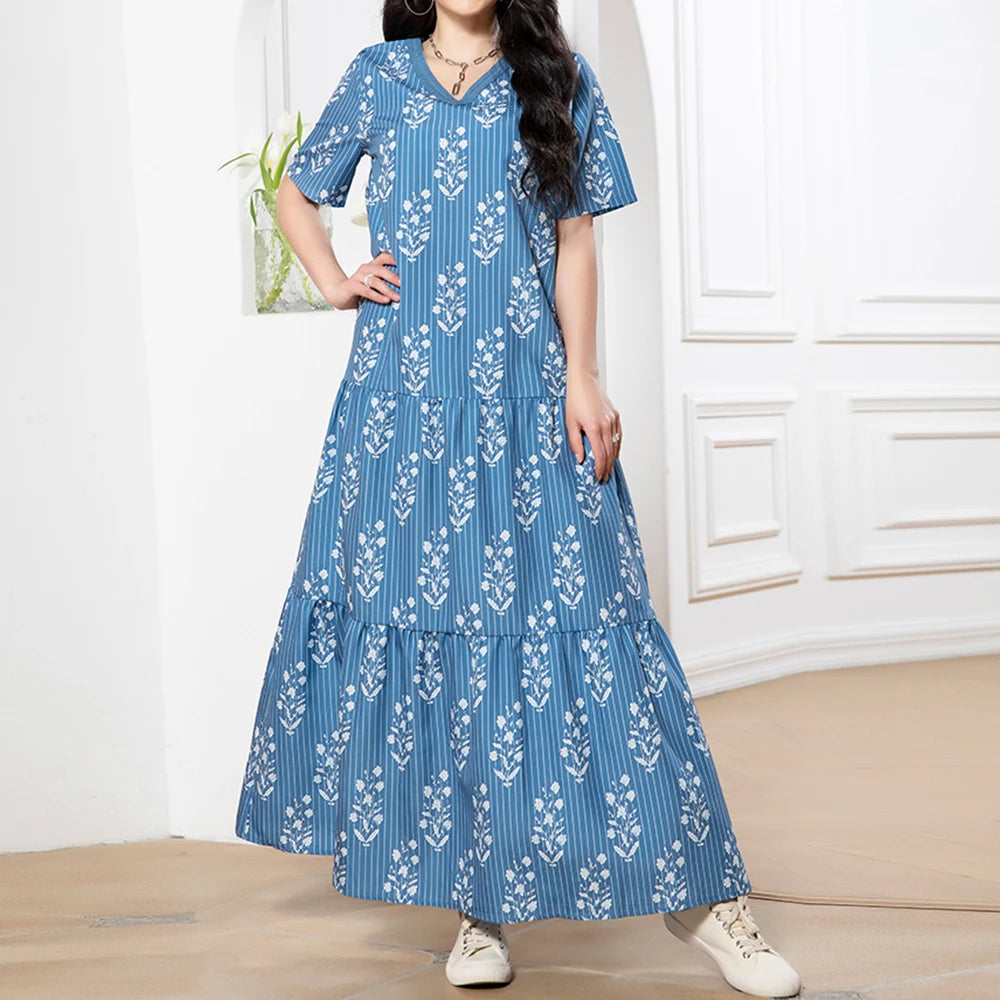 Rafiah Summer Dress 2025 Full Print Stripes Women's Casual Short Sleeve V-Neck A-Line Maxi Dating Arabian Dress
