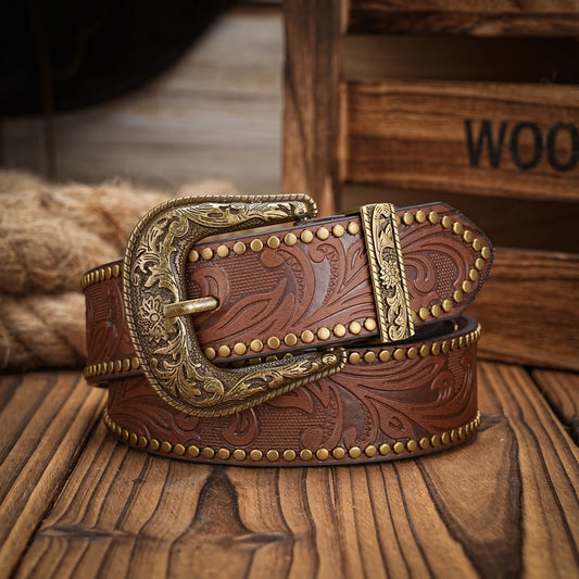 Men & Women-Western-Cowboy-PU Leather-Belts - Vintage horse Belt Floral Engraved Buckle Belt for Jeans