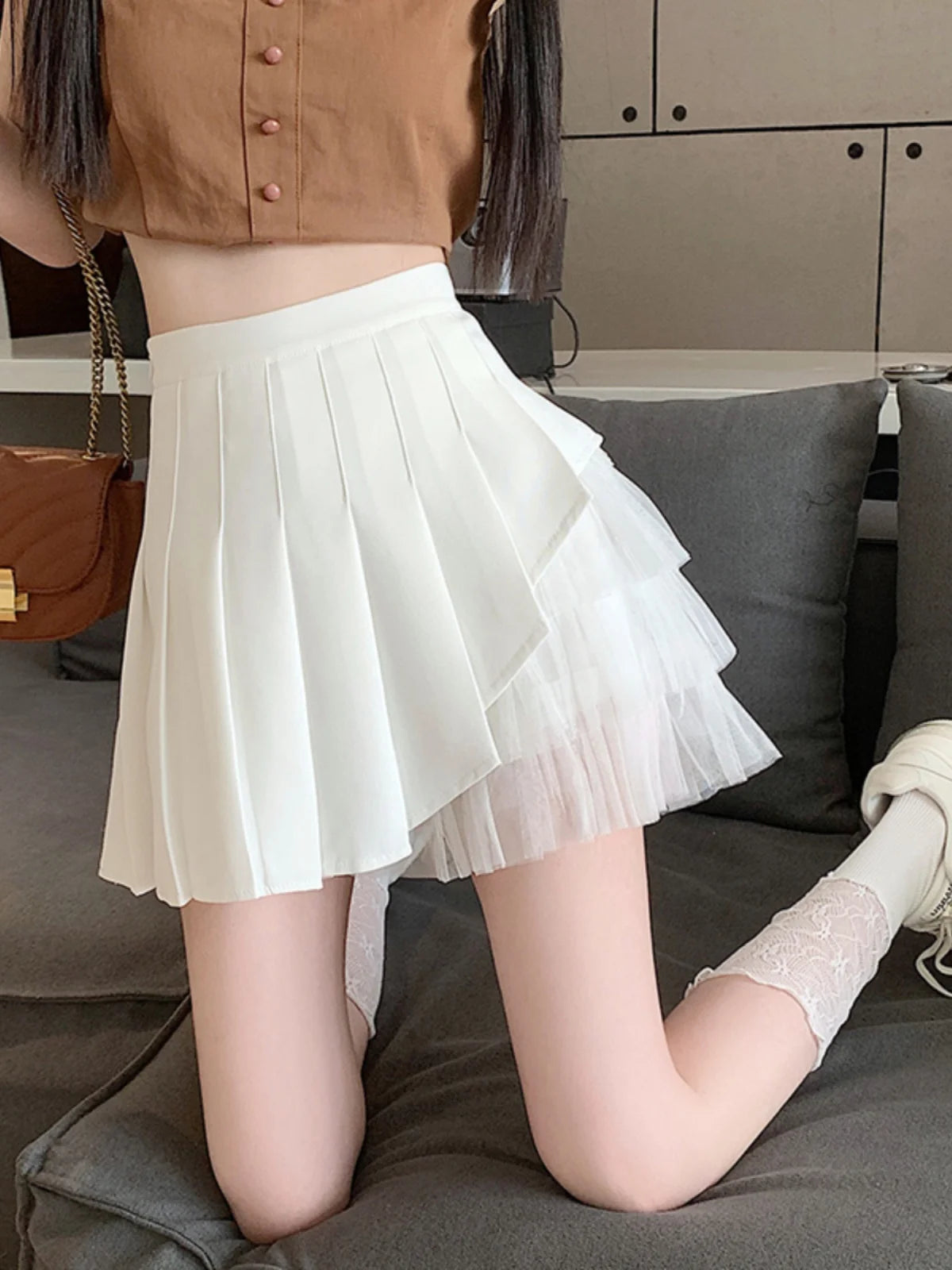 Slimming A-Line  Skirt for ort Women High Waist Pleated Commuter Sle Net Gauze f Body Skirts Fem Faion