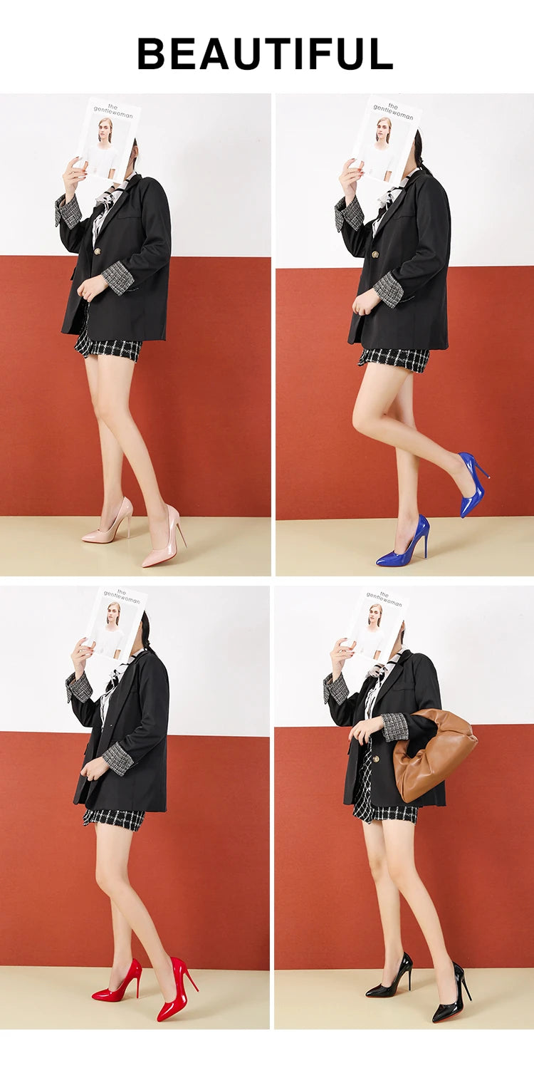 Temperament 12cm Super High Thin Heels Shoes Women Pumps Pointed Toe Colorful Patent Leather Stiletto Wedding Shoe Size 45