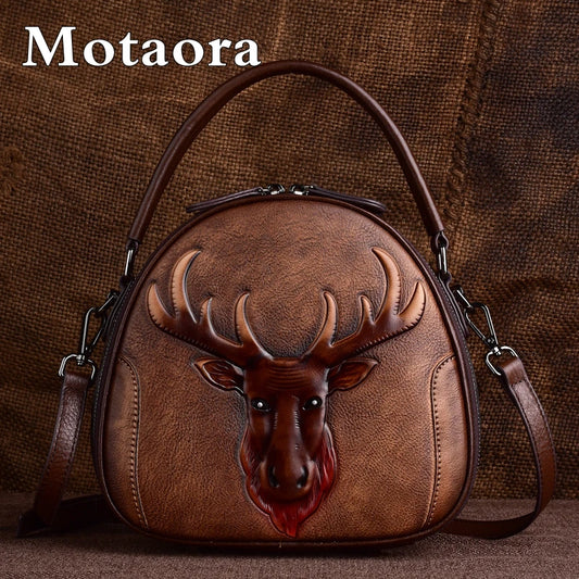 MOTAORA New Embossed Cowhide Shoulder Bag For Women Fashion Small Deer Head Crossbody Bags Chinese Style Genuine Leather Handbag