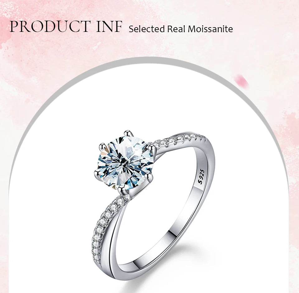GRA Luxury 1ct D Color Twisted Arm Classic 6 Prong Shiny Moissanite Diamond Rings for Women 925 Sterling Silver Fine Jewelry