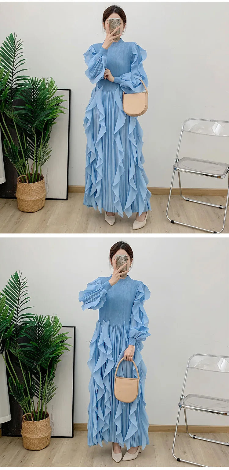 Fashion Ruffles Pleated Dress Women Round Neck Flare Sleeves Solid Maxi Belt Dresses Party 2025 Autumn New