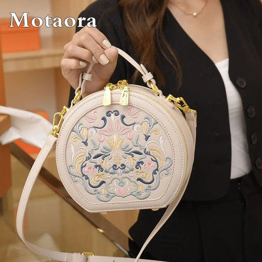 MOTAORA Small Round Women's Shoulder Bag Handmade Leather Embroidered Floral Purse for Teenage Girls Crossbody Bags