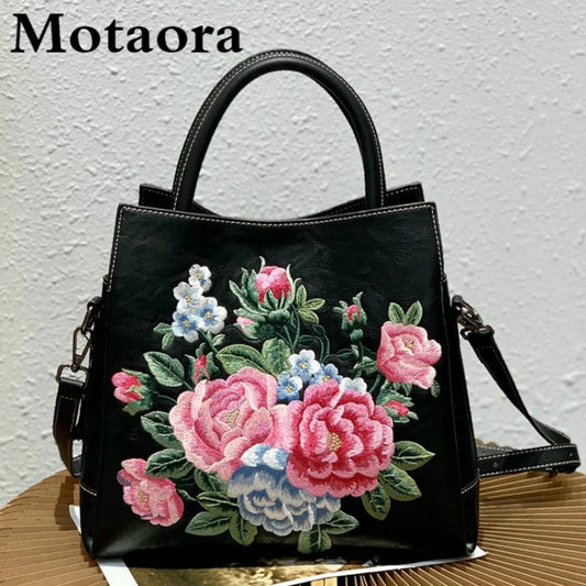 MOTAORA 2025 New Chinese Style Embroidered Women's Handbag Luxury PU Leather Shoulder Bag Embossed Crossbody Purse for Ladies