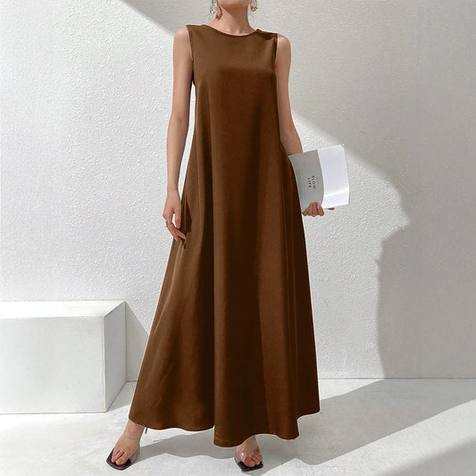 Rafiah Spring Summer Simple K-Fashion Casual Arabic Style Dress Sleeveless Round Neck Solid Color Shift Midi Daily Shift Dresses