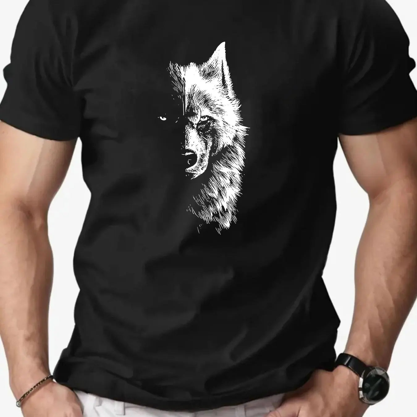 🐺 Men’s Summer 100% Cotton Casual T-Shirt,Half Wolf Pattern Print | Loose Fit | Round Neck | Breathable Comfort
