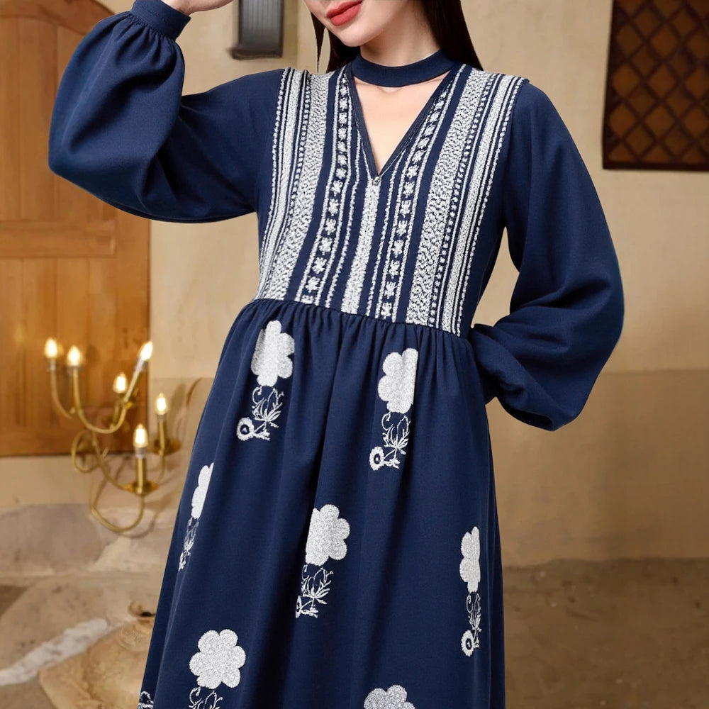 Rafiah Women's Dresses Autumn Winter Elegant Decent 2025 Printing Long Sleeve V-Neck Midi A Line Casual Dresses