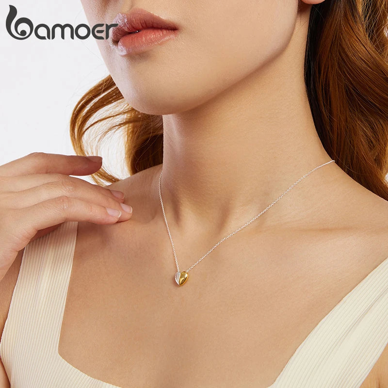 BAMOER Gold Plated Heart Pendant Necklace for Women, 925 Sterling Silver Couple Heart Fashion Waterproof Metal Daily Jewelry