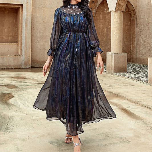 Rafiah Autumn Arabian Dress 2025 Women's Elegant Basics Contrast Color Diamonds Long Sleeve Mock Neck Gauze Dress