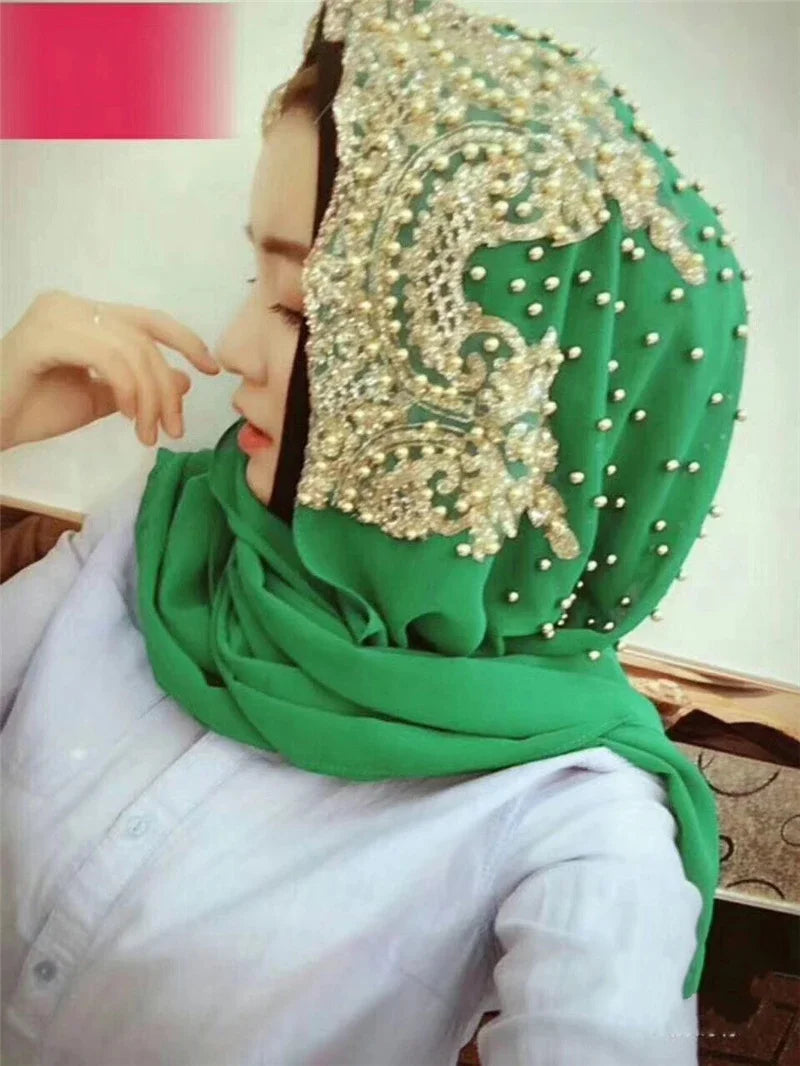 Dubai Women Bling Beaded Headscarf Long Scarf Cap Lace Scarves Muslim Wedding Wrap Shawls Hijab Islamic Turban