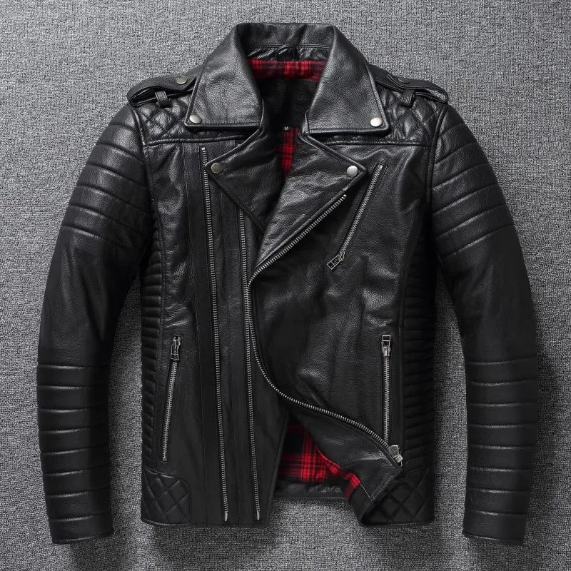 2024 New Style Autumn Winter First Layer Cowhide Leather Lapel Coat Men‘s Slim Short Youth Heavy Industry Motorcycle Jackets