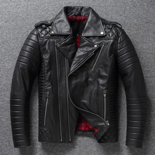 2024 New Style Autumn Winter First Layer Cowhide Leather Lapel Coat Men‘s Slim Short Youth Heavy Industry Motorcycle Jackets