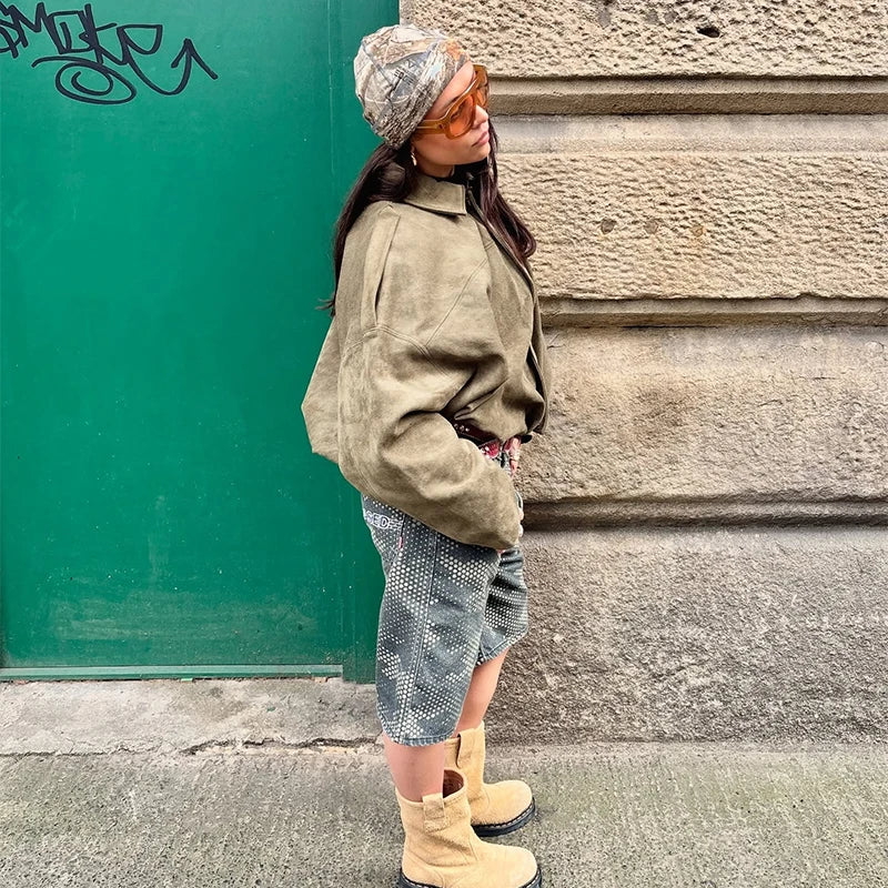 Street Women's Suede Bomber Jacket Fashion Lapel Zipper Full Sleeve Female Coats 2025 Spring Lady Casual Commute Vintage Outwear