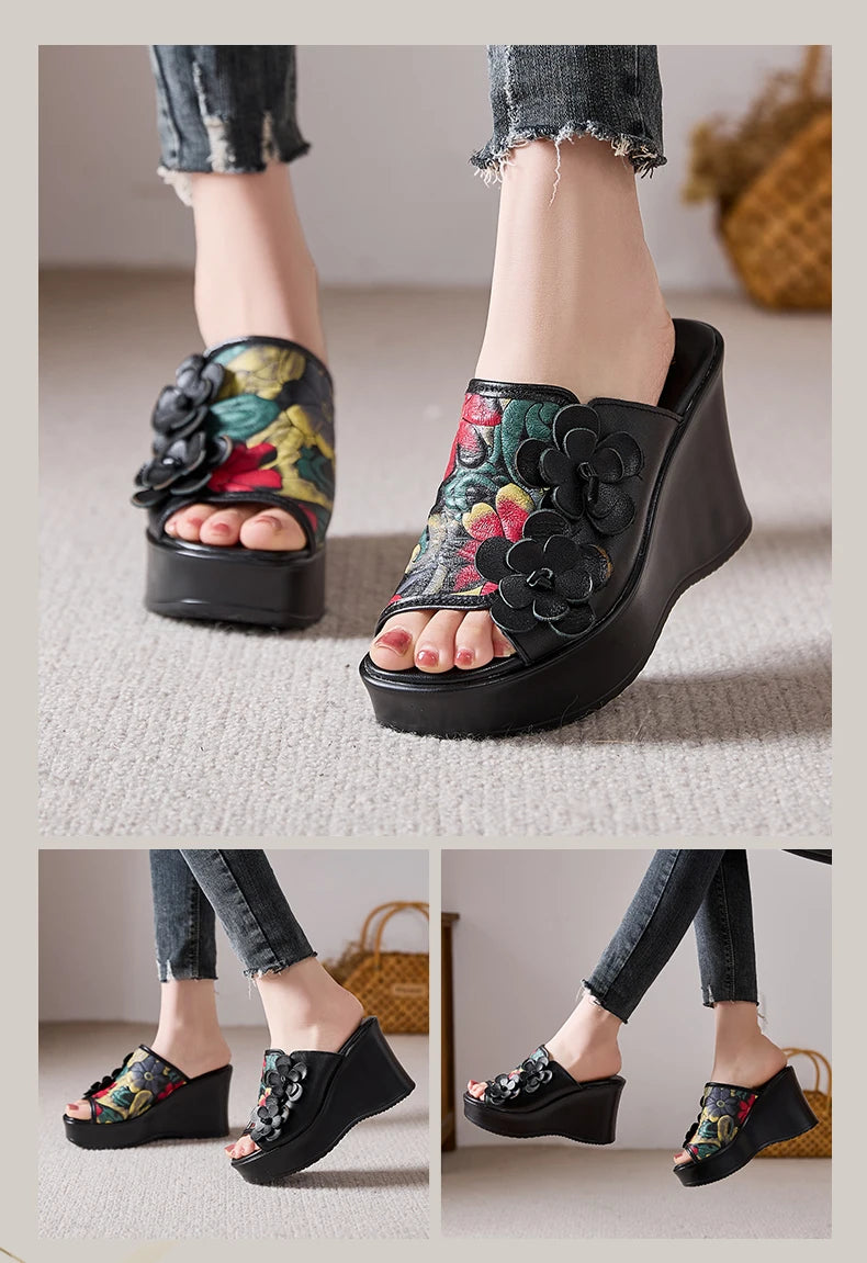Genuine Leather Women Flower High Heels Wedges Summer Platform Slippers