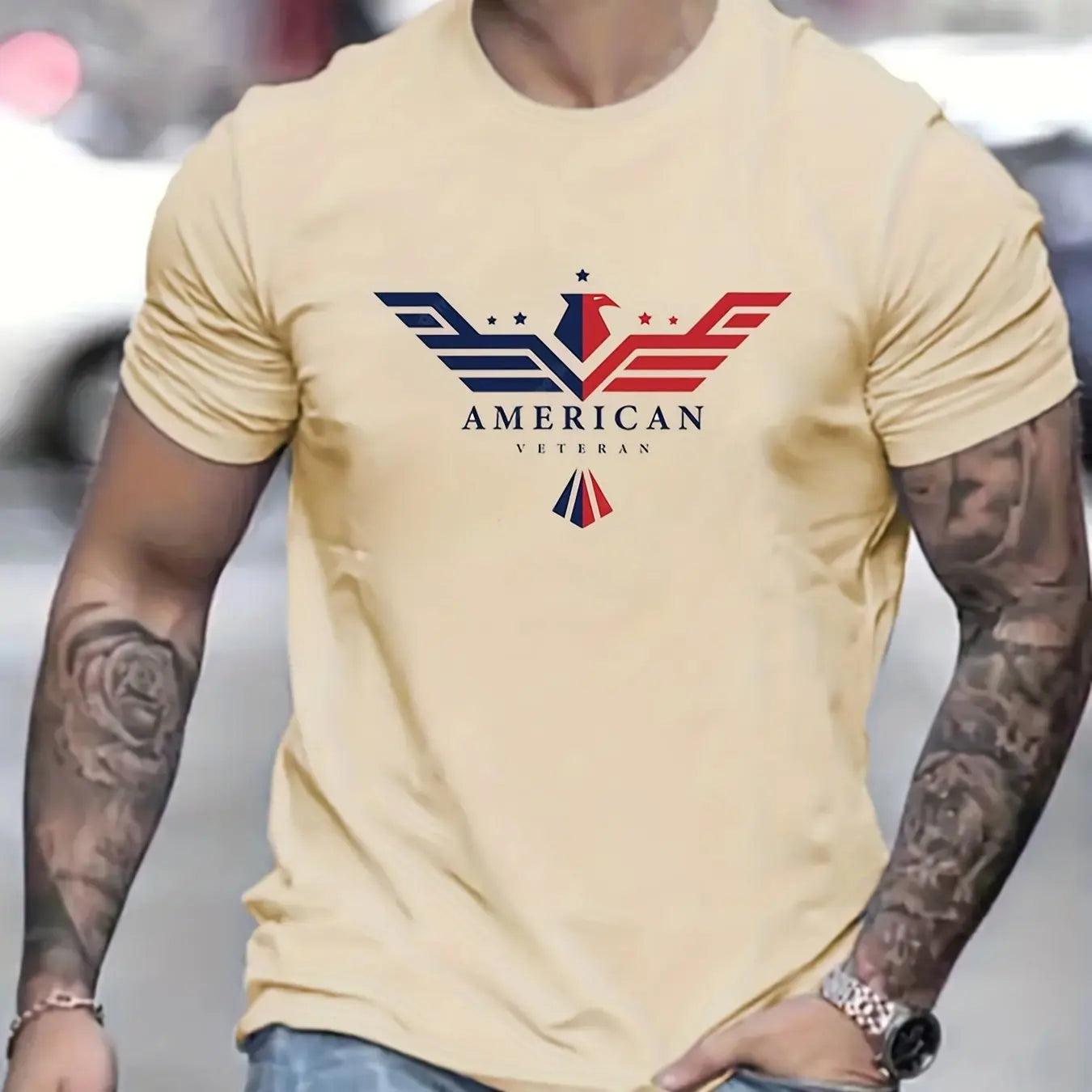 Men’s Summer 100% Cotton Bald Eagle USA Print T-Shirt