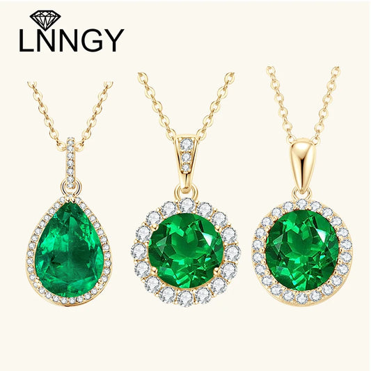 Lnngy Collar Plata 925 Sterling Silver Necklace Pear/Oval/Round Cut Artificial Emerald Pendant Necklaces for Wedding Jewlery