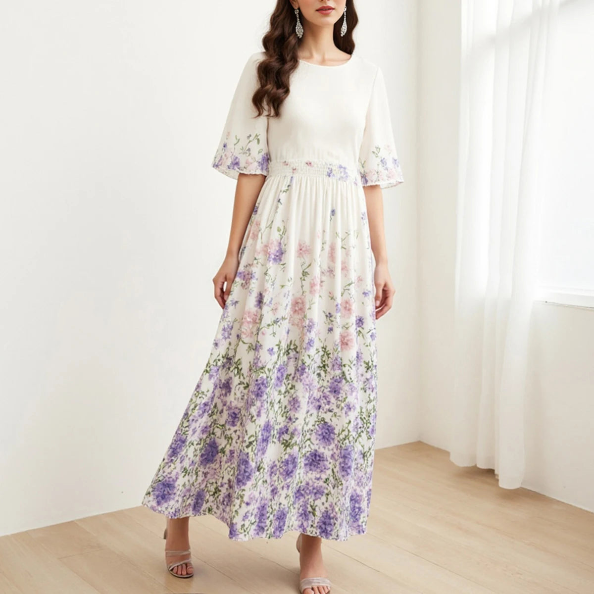 Rafiah Summer Arabian Dress 2025 Women's Decent Flower Full Print Folds Short Sleeve Round-Neck Daily Basic Midi Dress