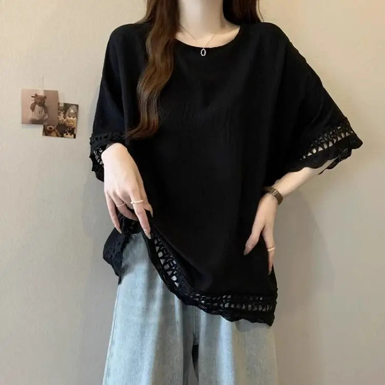 Lace Hollow out Texture ort Sve Women's T-irt Summer plus Size Conceals Belly Slimming Faionable Top Korean Sle