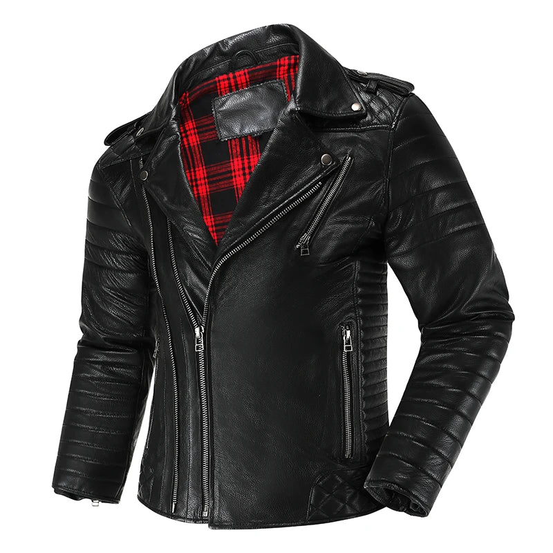 Men's First-Layer Cowhide Motorcycle Jacket – Slim Lapel Diagonal Zipper Flight Coat