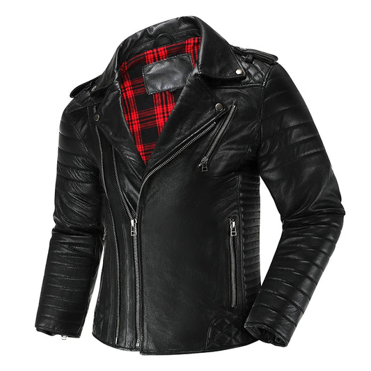 Men's First-Layer Cowhide Motorcycle Jacket – Slim Lapel Diagonal Zipper Flight Coat
