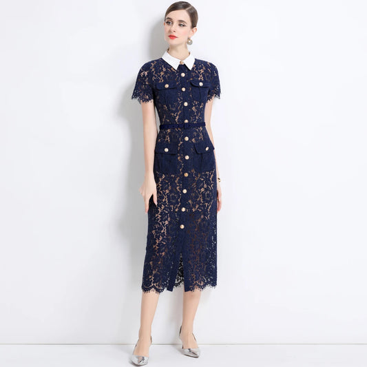 Formal Luxury Evening Long Dress Women Summer Autumn White Peter Pan Collar Hollow Out Blue Pencil Embroidery Lace Dress Party
